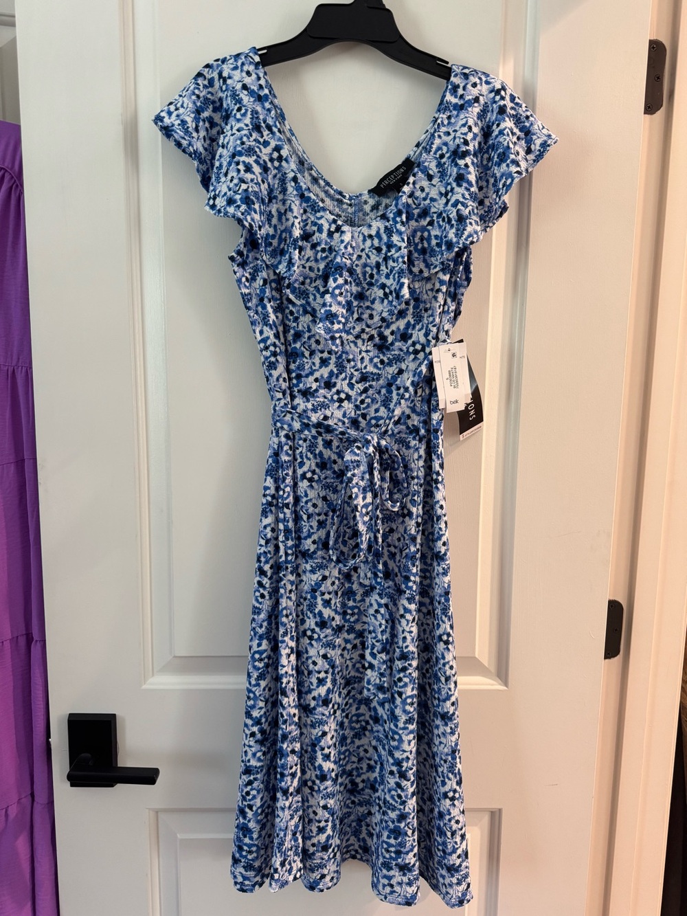NWT Perceptions Blue and White Floral Midi Dress with Tie Waist